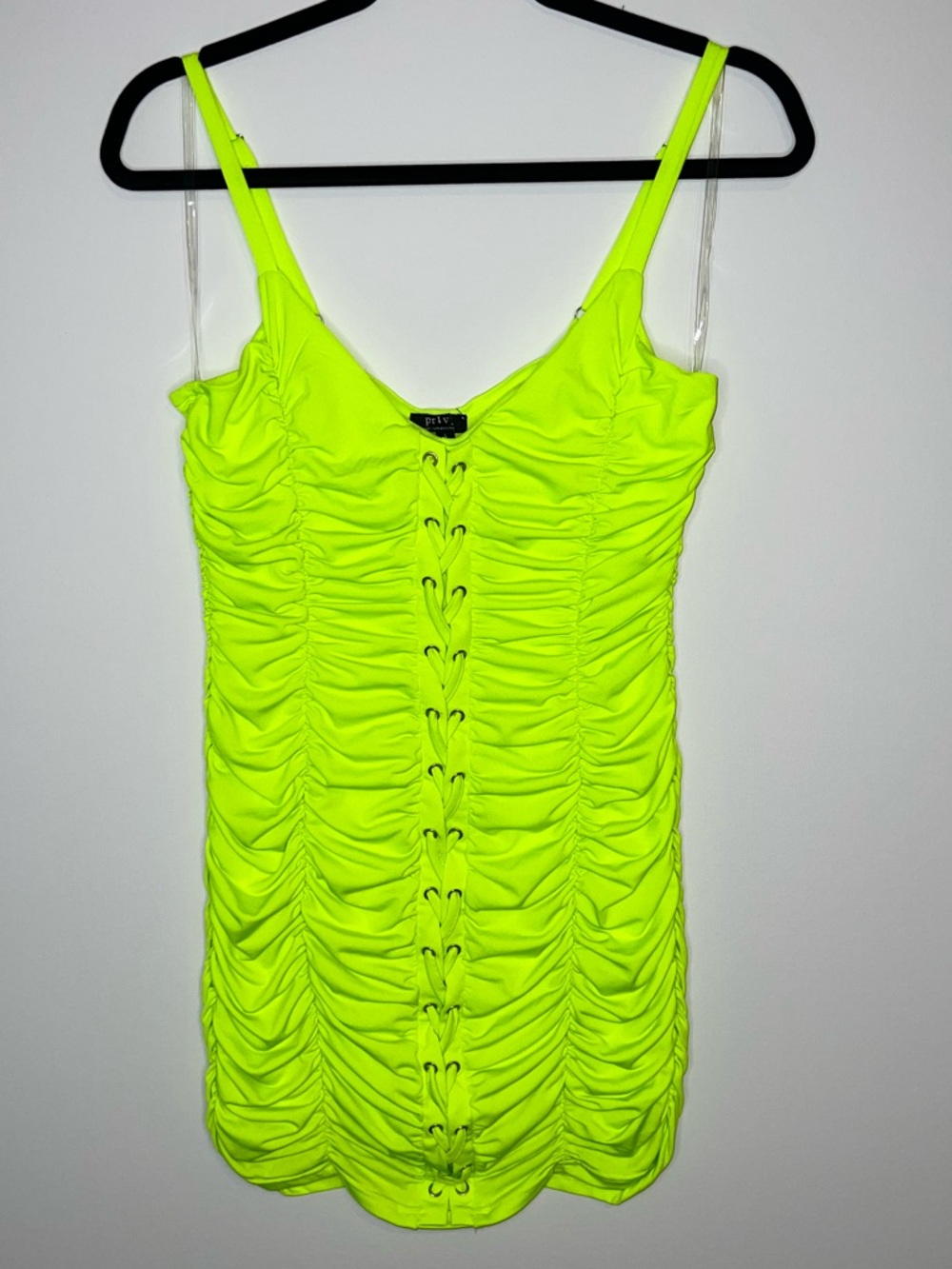 privy Neon Lime Ruched Lace-Up Mini Dress